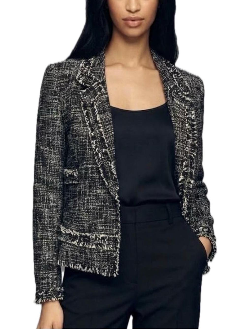Massimo Dutti Tweed Fringe Blazer Womens Size 4 Tailored Black White Wool Blend